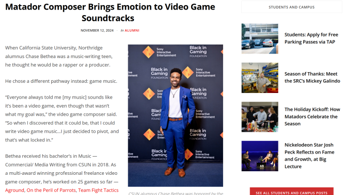 Csun Newsletter 2024 - Chase Bethea Brings Emotion to Video Game Soundtracks